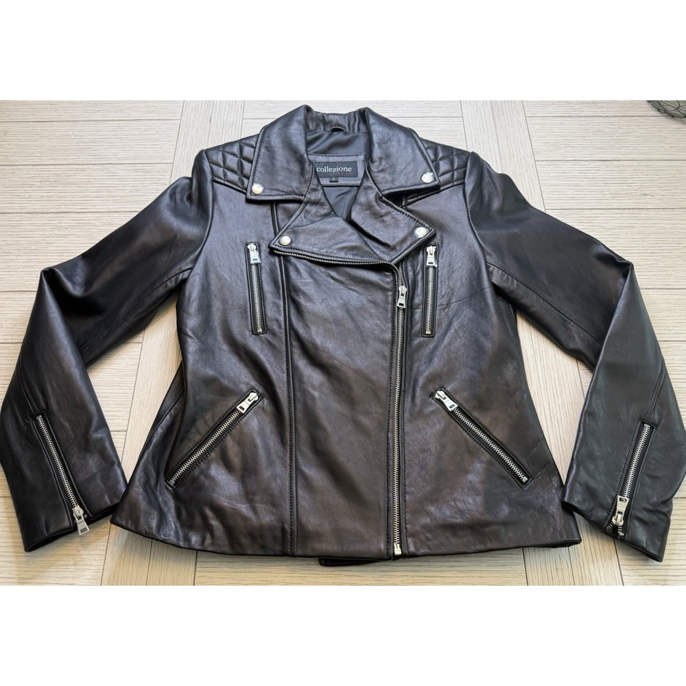 Collezione NWOT Italia Black Leather Biker Moto Jacket Asymmetrical Zip Sz L